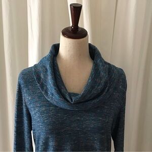T by Talbots Cowl Neck Pullover Knit Top Size Medium. Teal Blue Heather.